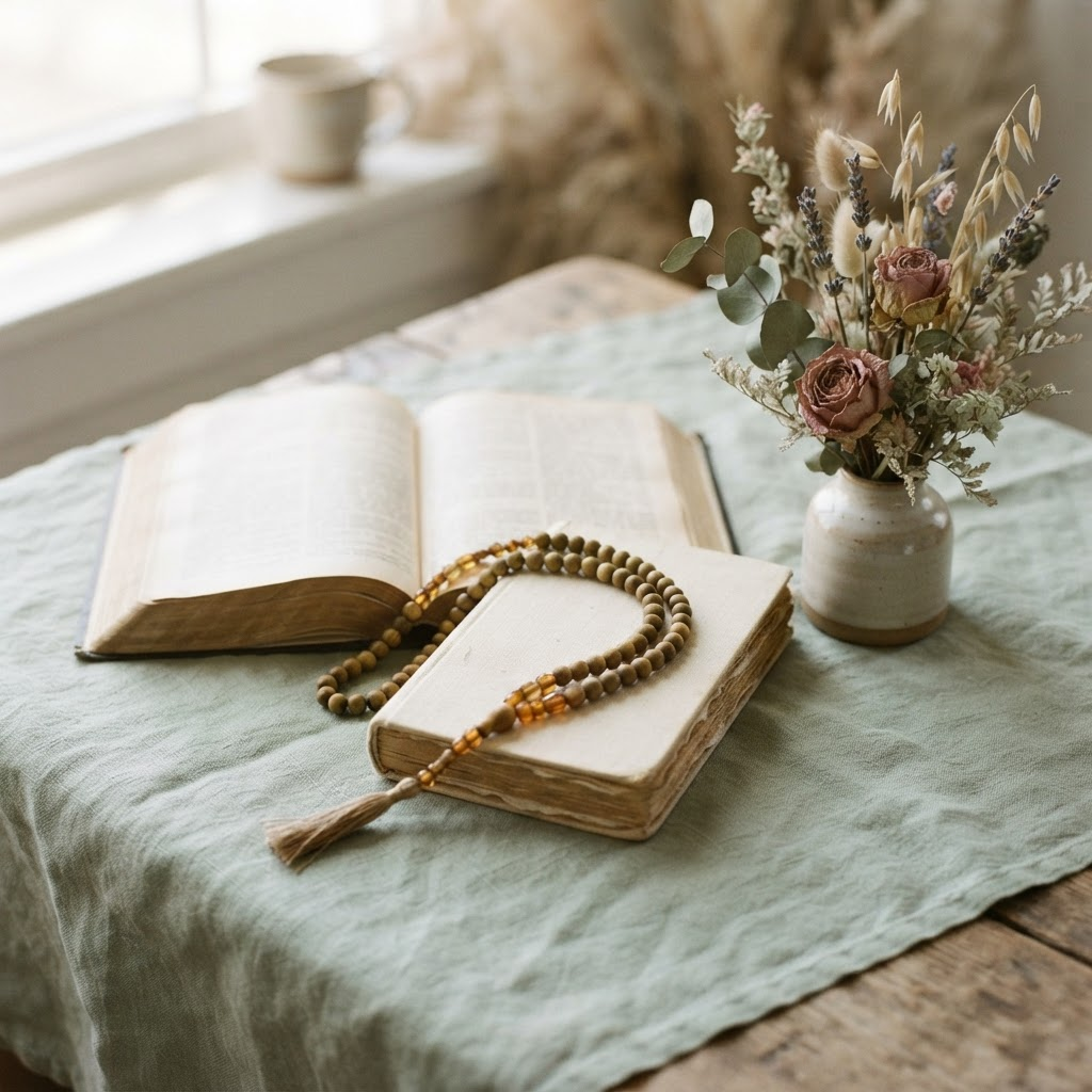An open book and journal with prayer beads resting on soft linen